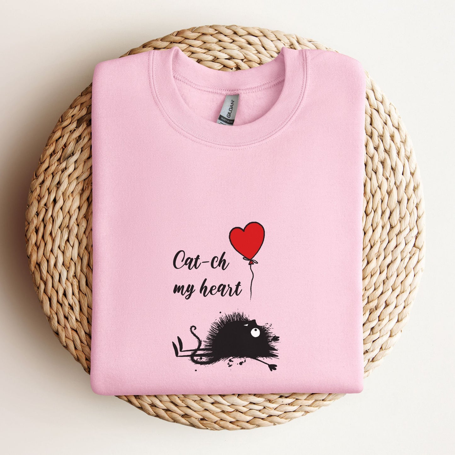 Valentines Day Cat Sweatshirt - Catch My Heart - Heart Balloon Design - Perfect Gift for Her and Friend