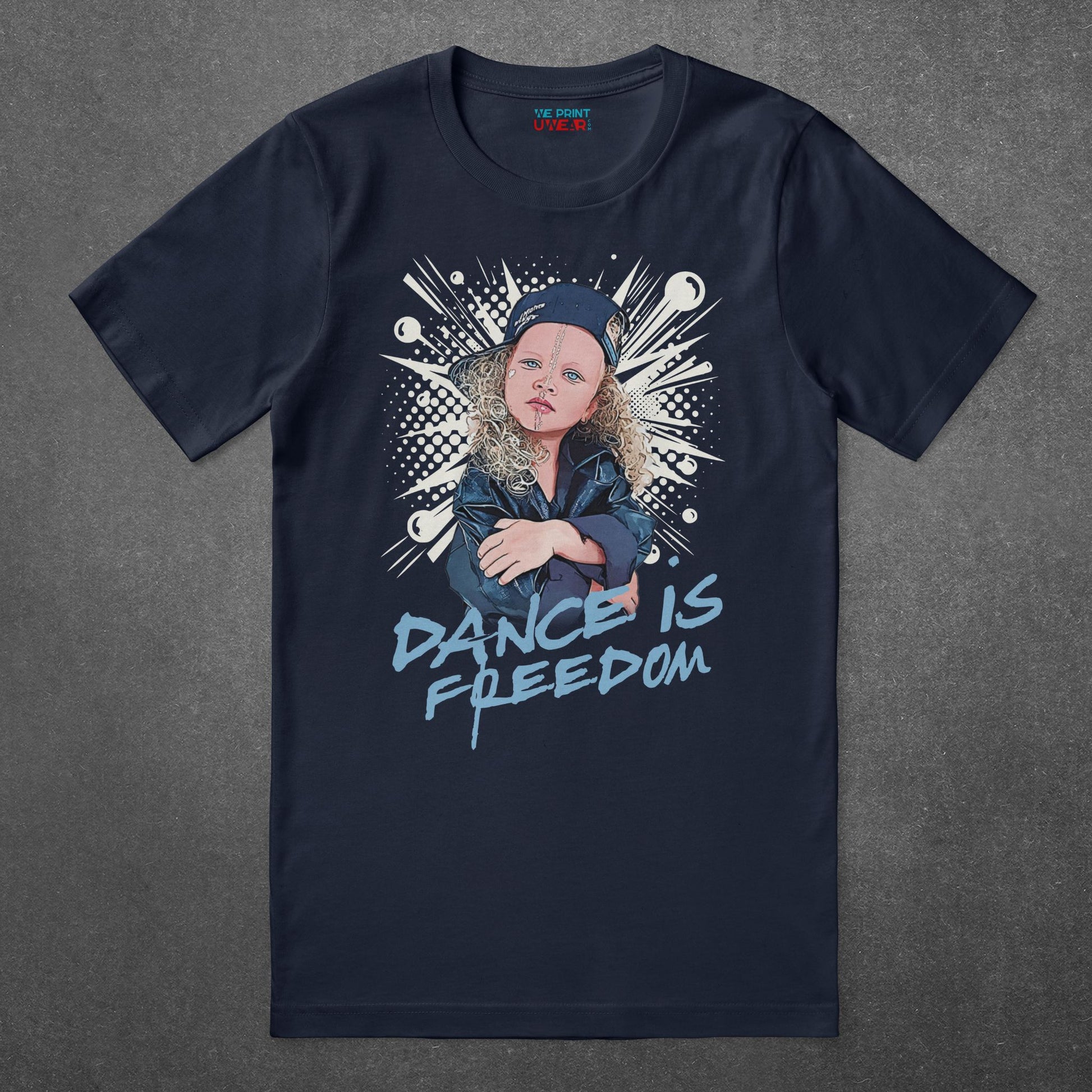 Dance is Freedom T-Shirt by Eseniia in navy, flat lay featuring inspirational message for dancers