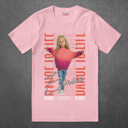 Dance is Life T-Shirt by Eseniia in pink, flat lay of custom motivational dance tee