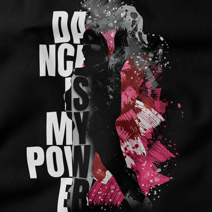 Close-up of Dance is My Power T-Shirt by Eseniia, showcasing the empowering design in black