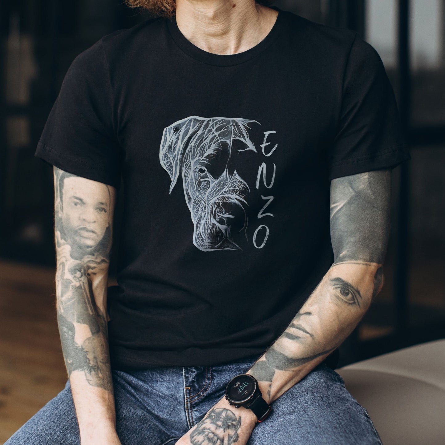 Black unisex T-shirt featuring a hand-drawn personalized Cane Corso design