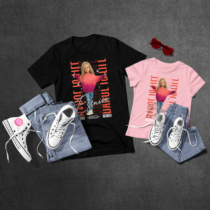 Dance is Life T-Shirts by Eseniia for dad and daughter in black and pink, flat lay with jeans and sneakers, perfect for matching dance outfits