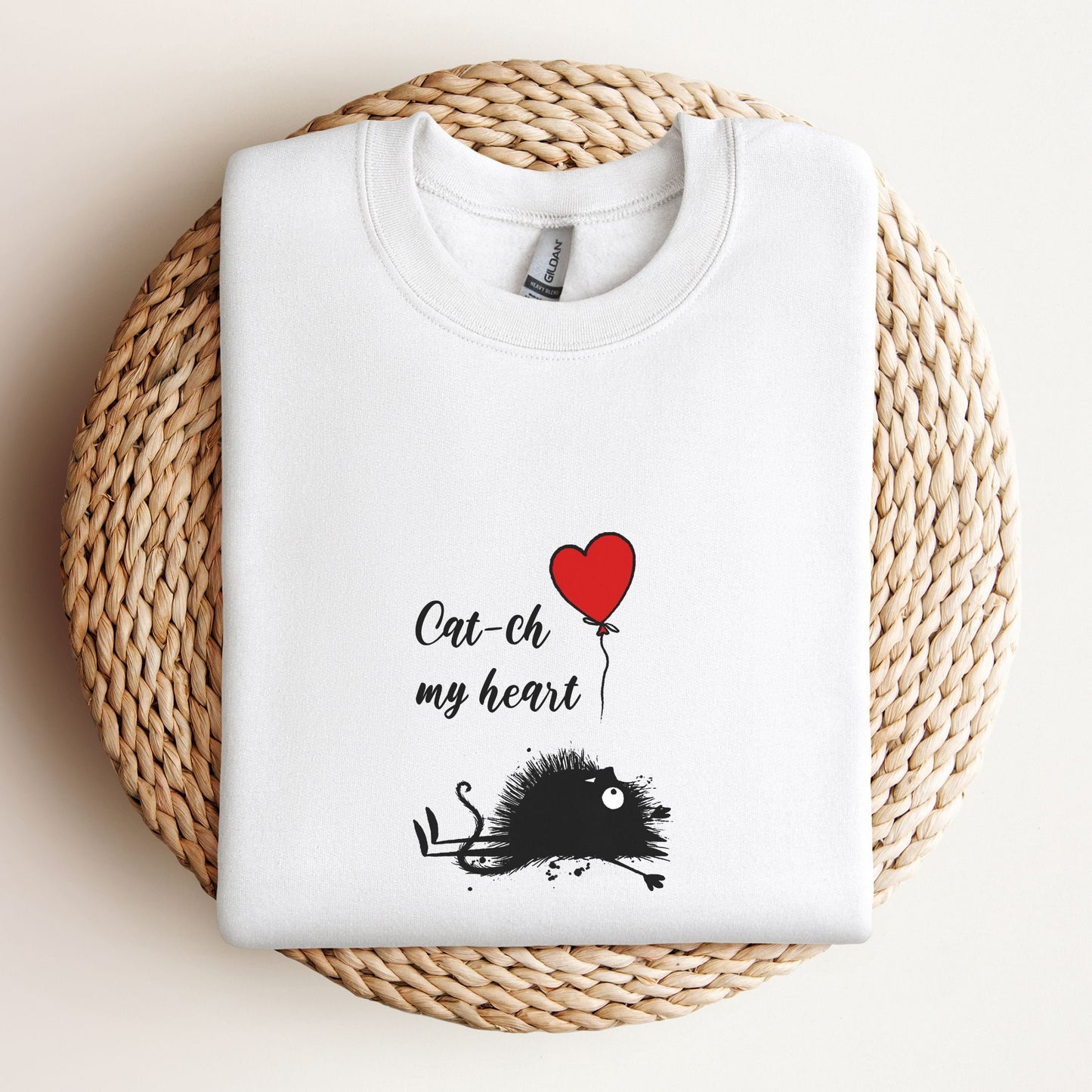 Valentines Day Cat Sweatshirt - Catch My Heart - Heart Balloon Design - Perfect Gift for Her and Friend