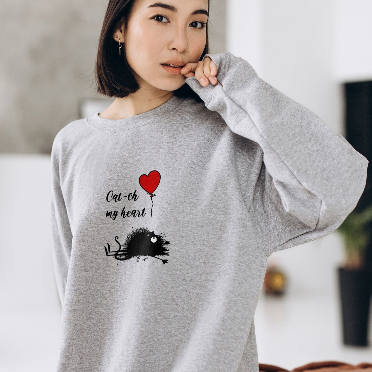 Valentines Day Cat Sweatshirt - Catch My Heart - Heart Balloon Design - Perfect Gift for Her and Friend