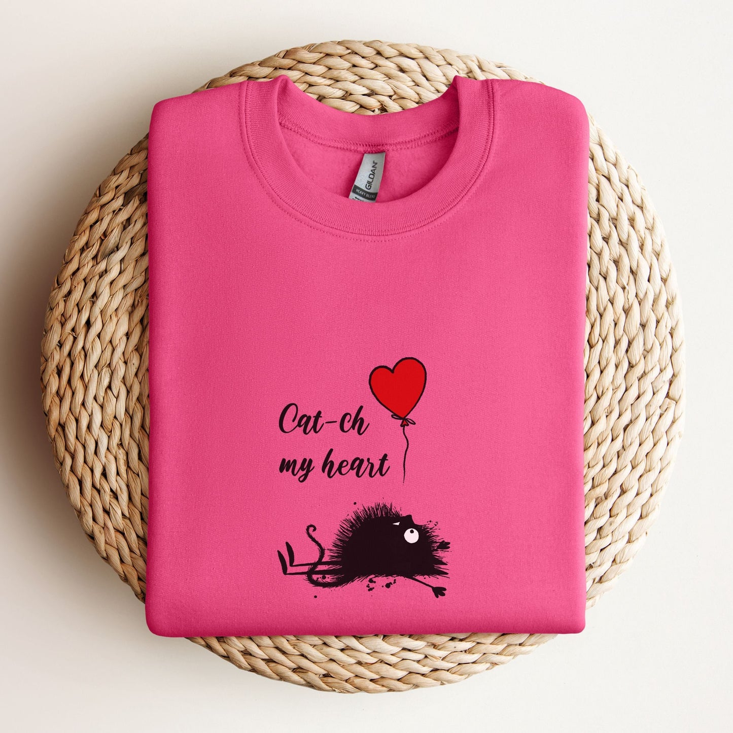 Valentines Day Cat Sweatshirt - Catch My Heart - Heart Balloon Design - Perfect Gift for Her and Friend