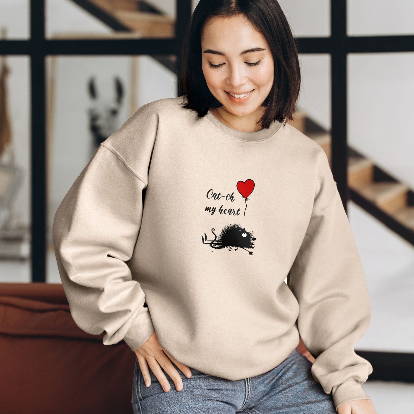 Valentines Day Cat Sweatshirt - Catch My Heart - Heart Balloon Design - Perfect Gift for Her and Friend