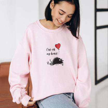 Valentines Day Cat Sweatshirt - Catch My Heart - Heart Balloon Design - Perfect Gift for Her and Friend