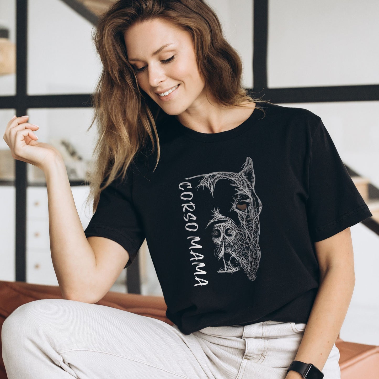 Black shirt for women with a custom 'Cane Corso Mama' hand-drawn design.