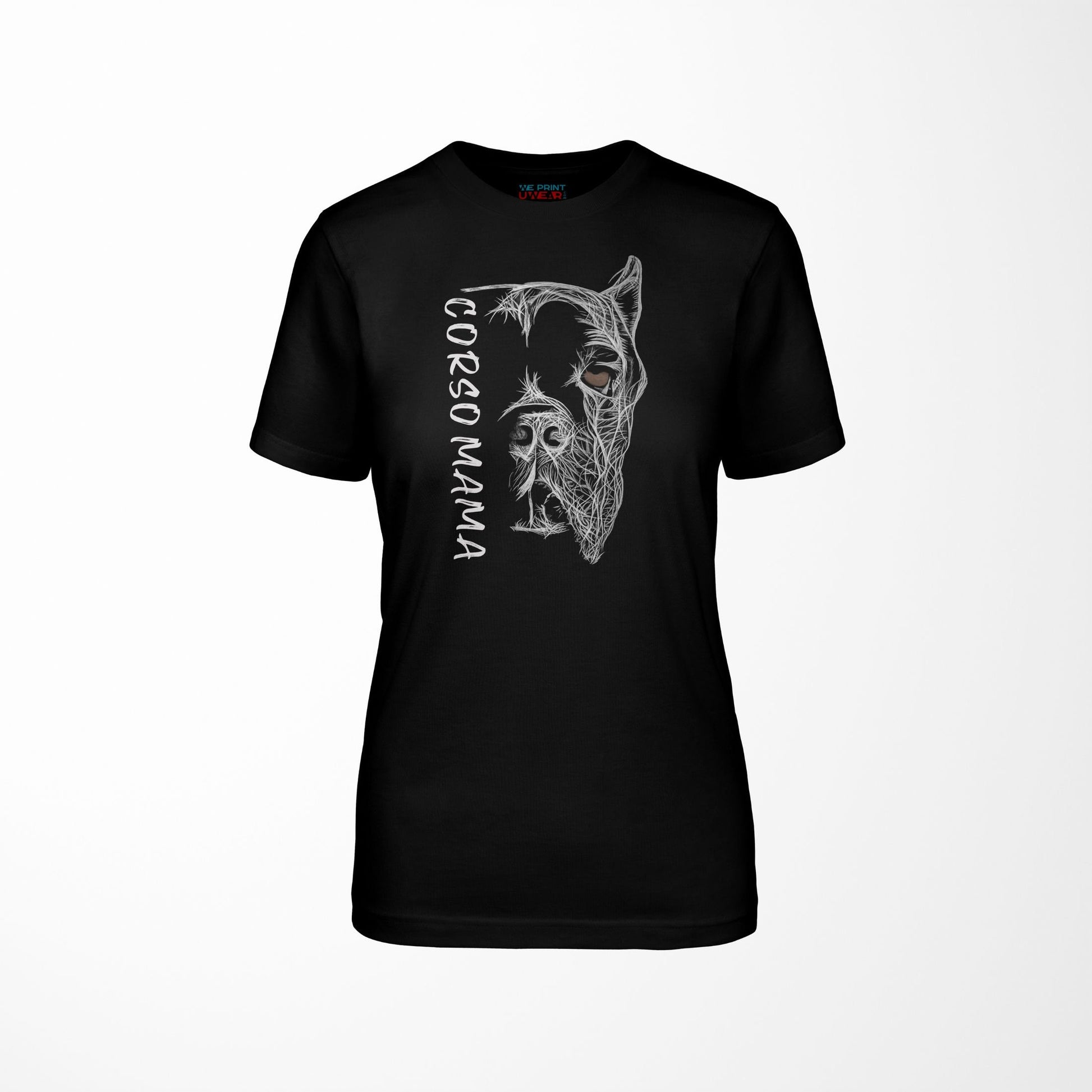 Black shirt for women featuring a custom 'Cane Corso Mama' hand-drawn design.