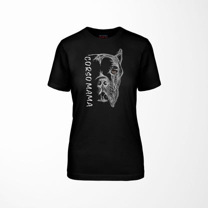 Black shirt for women featuring a custom 'Cane Corso Mama' hand-drawn design.