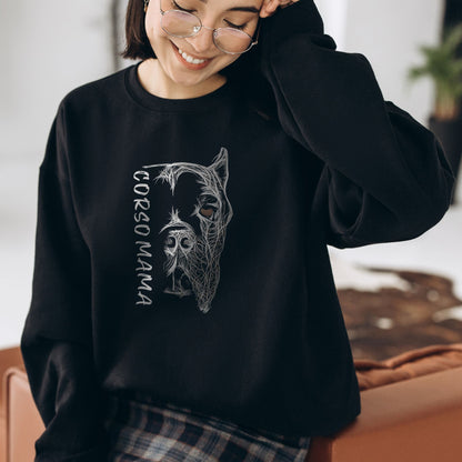 Unisex black sweatshirt worn by a woman, showcasing the 'Cane Corso Mama' hand-drawn design.