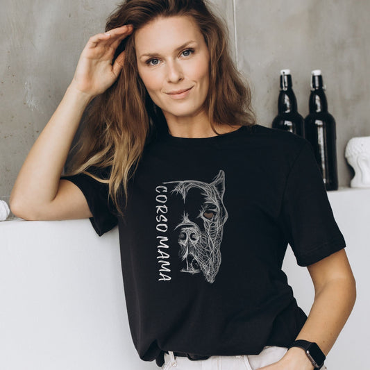 Unisex black shirt worn by a woman, featuring the 'Cane Corso Mama' hand-drawn design.