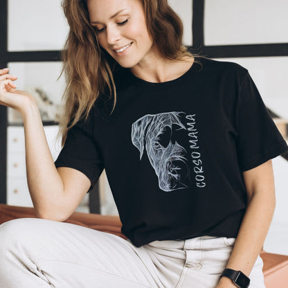 Black shirt for women with a 'Cane Corso Mama' design and custom hand-drawn artwork.