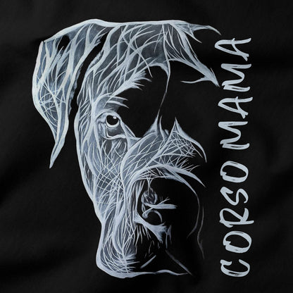 Close-up view of the 'Cane Corso Mama' hand-drawn design on the shirt, highlighting the intricate details.