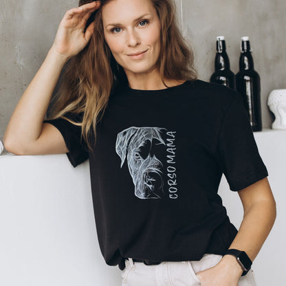 Unisex black shirt worn by a woman, showcasing the 'Cane Corso Mama' hand-drawn design.