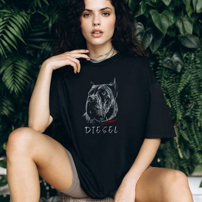 Unisex black shirt worn by a woman, featuring a personalized Cane Corso hand-drawn design