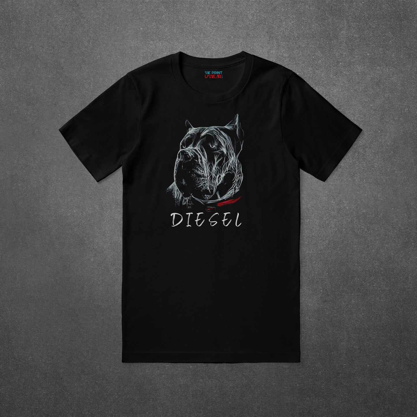 Flatlay view of a black shirt with a hand-drawn Cane Corso design, showcasing the custom personalization