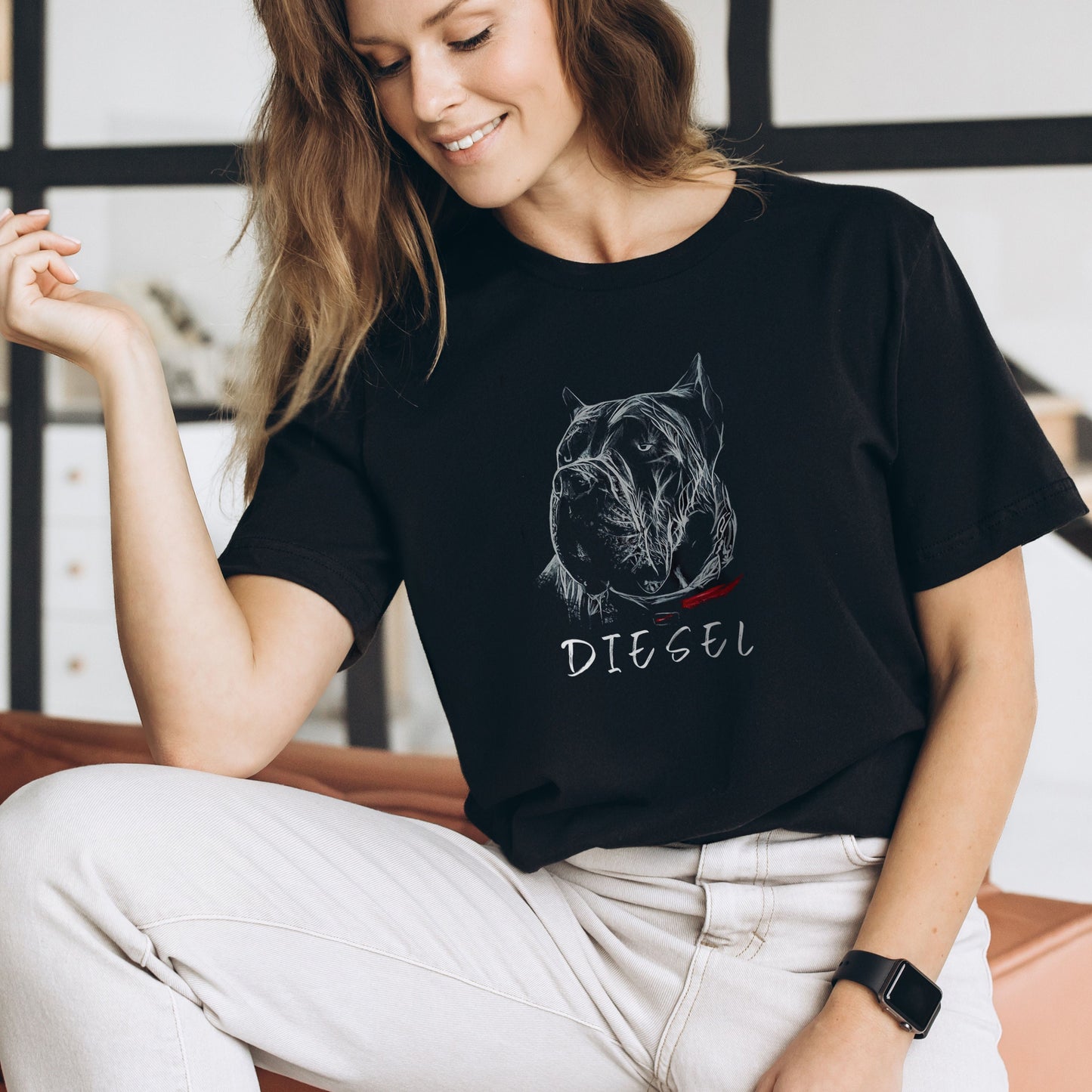 Black shirt for women with a custom hand-drawn Cane Corso design.