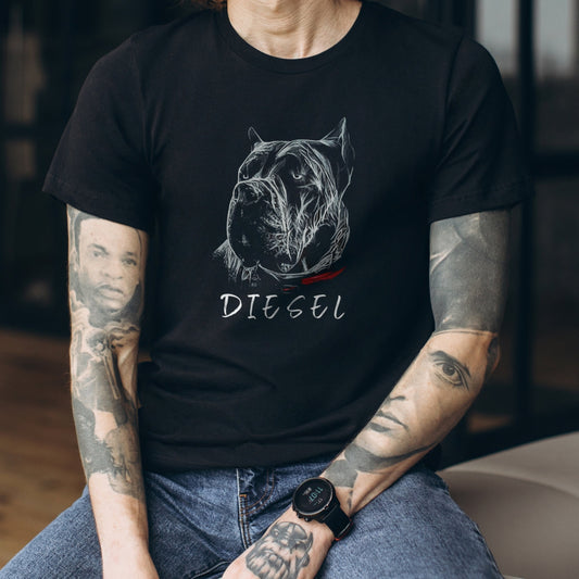 Unisex black shirt worn by a man, featuring a personalized hand-drawn Cane Corso design