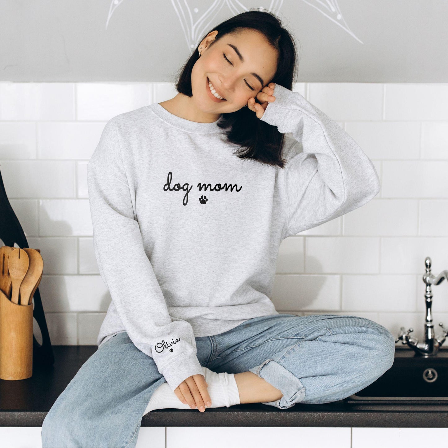 Dog Mom Sweatshirts with names on sleeve