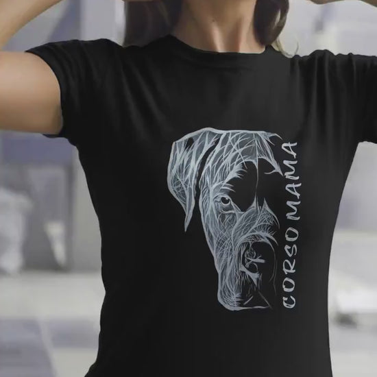 Video of a woman wearing a 'Cane Corso Mama' shirt, highlighting the hand-drawn custom design.