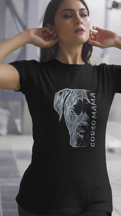 Video of a woman wearing a 'Cane Corso Mama' shirt, highlighting the hand-drawn custom design.