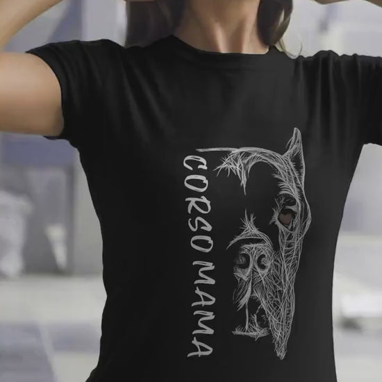 Video of a woman wearing a 'Cane Corso Mama' shirt, highlighting the hand-drawn design