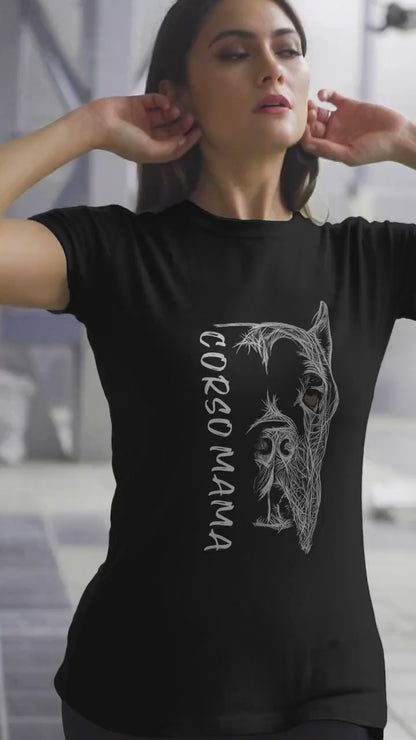 Video of a woman wearing a 'Cane Corso Mama' shirt, highlighting the hand-drawn design