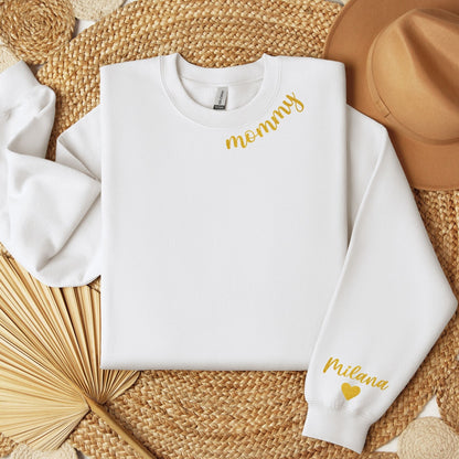 Custom Mom Sweatshirt with Kid Name on Sleeve Gold Glitter