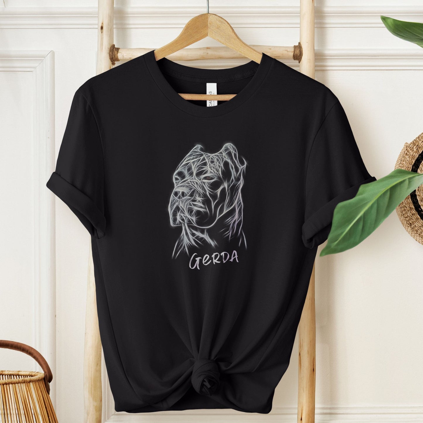 Unisex black tshirt hanging, featuring a hand-drawn Cane Corso design and custom dog name.