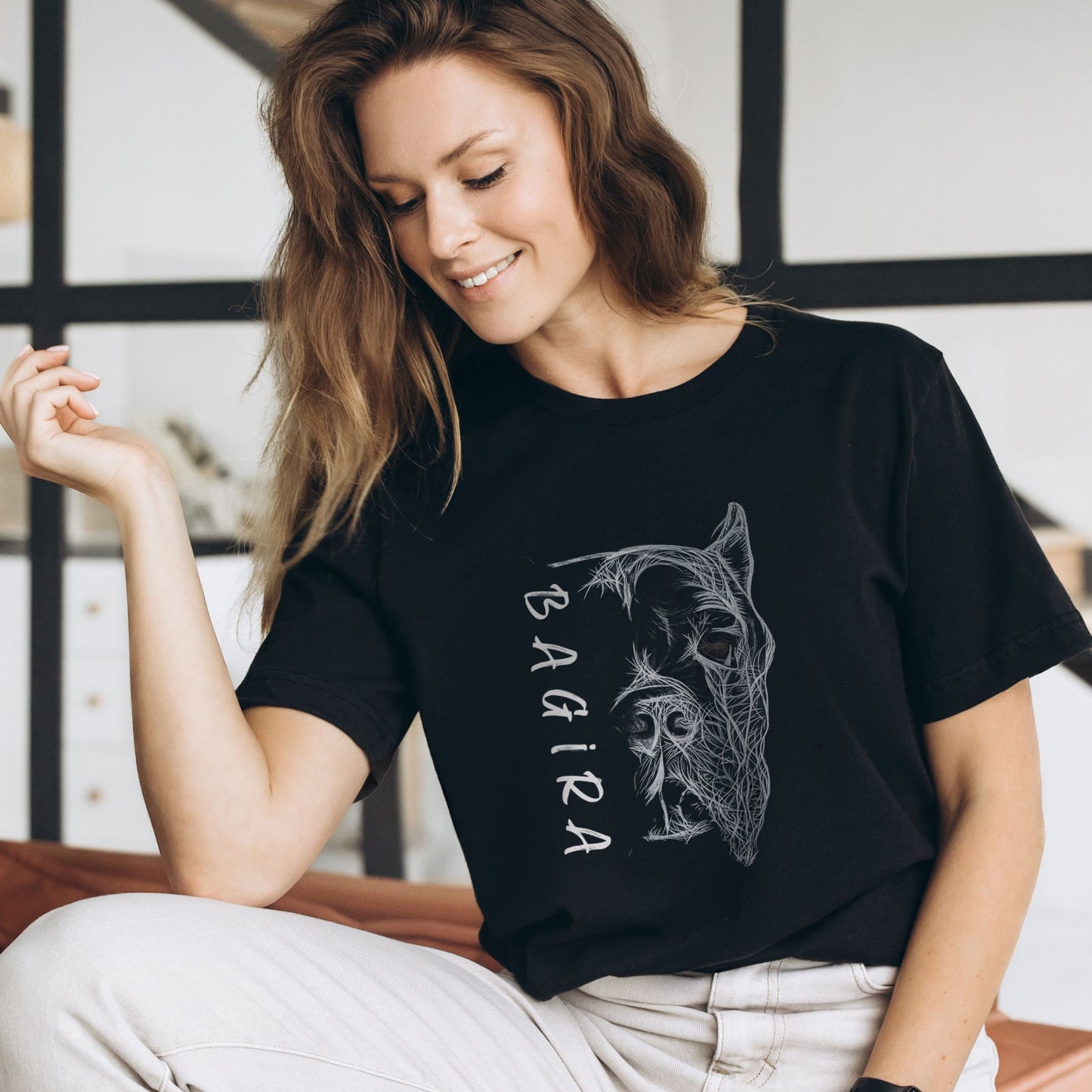 Ladies black T-shirt featuring a hand-drawn personalized Cane Corso with cropped ears