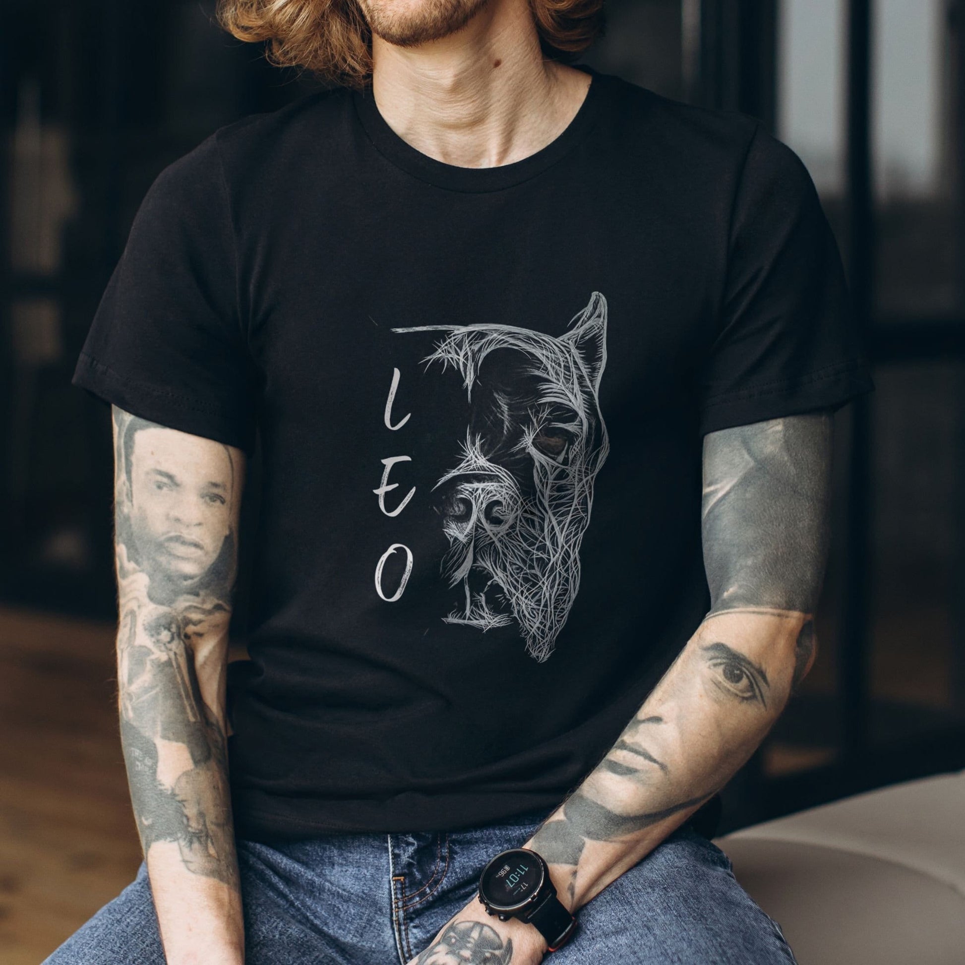 Man wearing a hand-drawn personalized Cane Corso T-shirt with cropped ears, unisex black