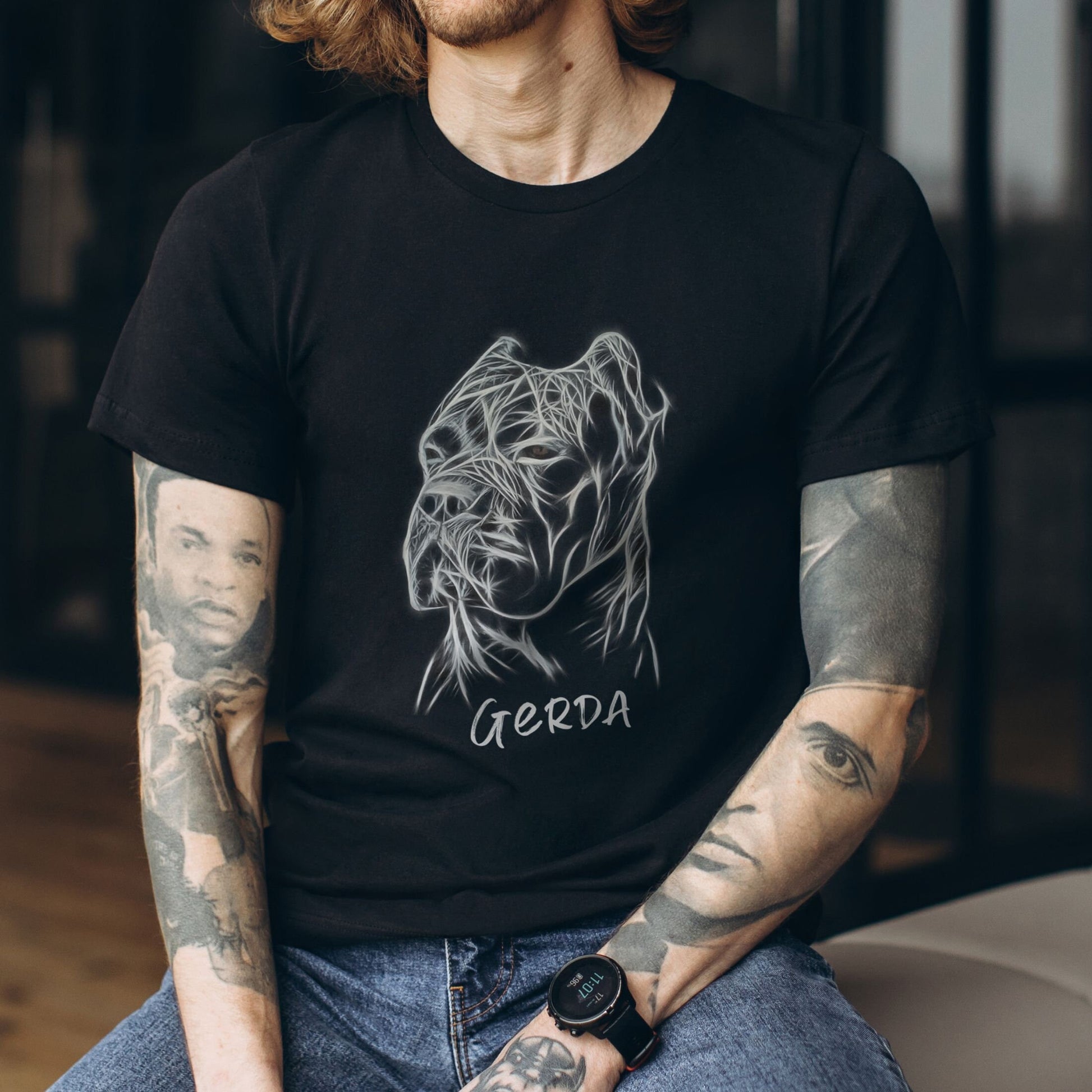 Unisex black shirt worn by a man, showcasing the personalized Cane Corso design.