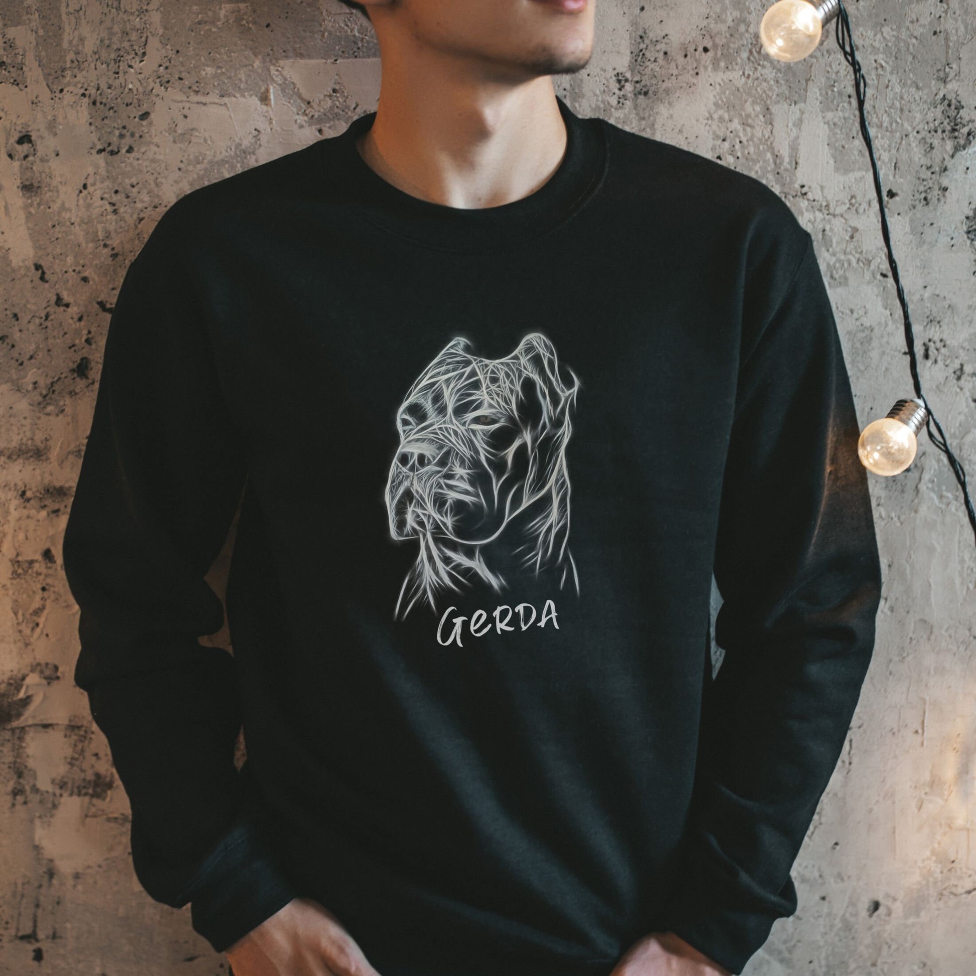 Unisex black sweatshirt worn by a man, featuring a personalized Cane Corso design.