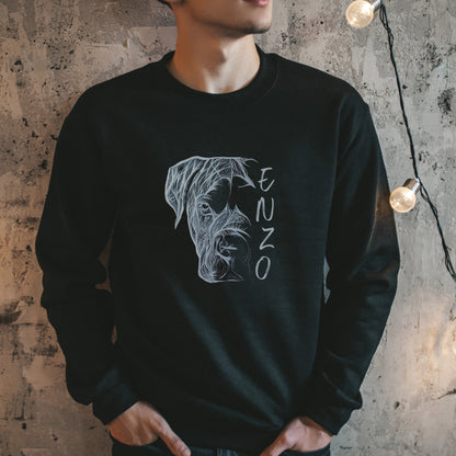 Black unisex sweatshirt with a unique hand-drawn Cane Corso graphic on a man