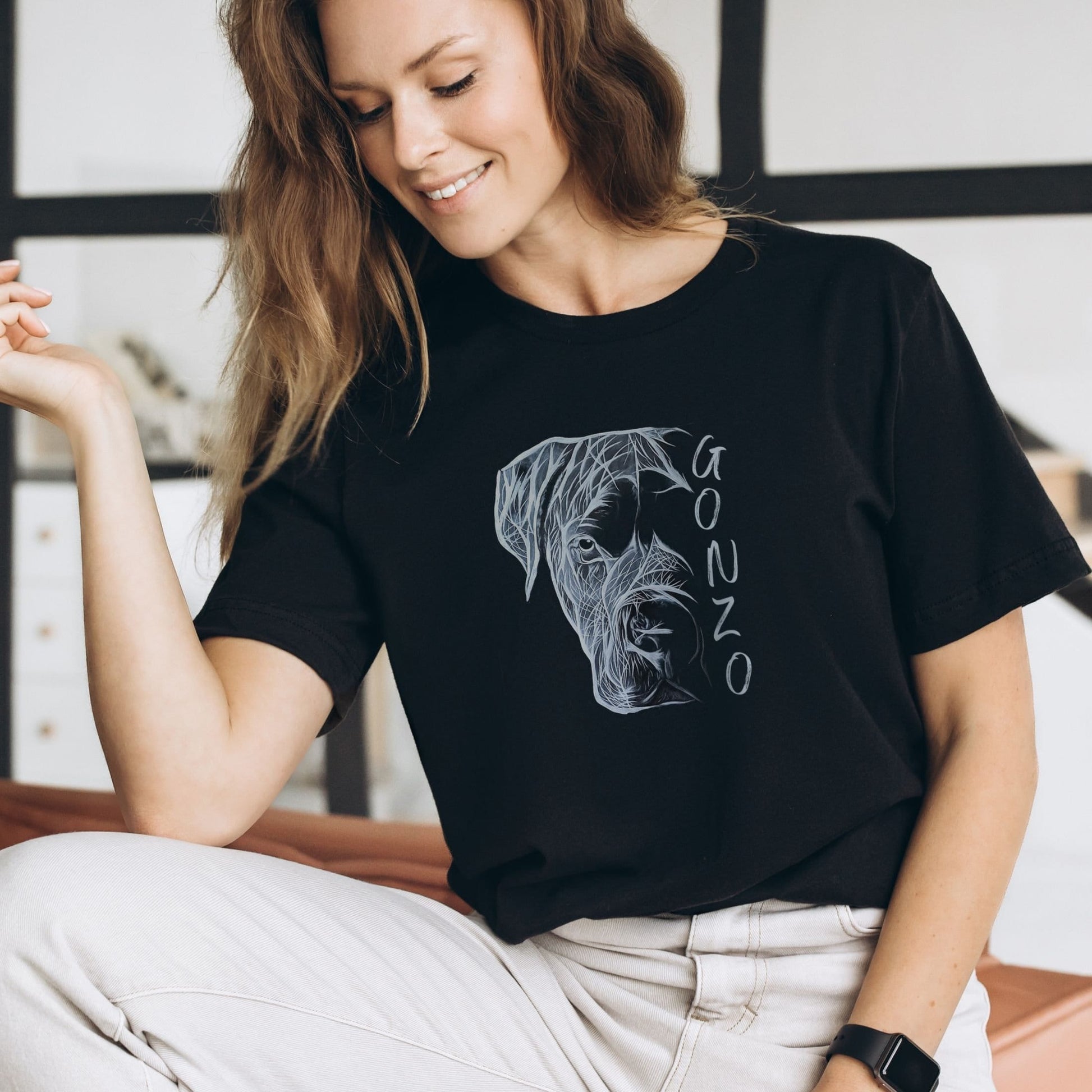 Black ladies T-shirt with a custom hand-drawn Cane Corso design